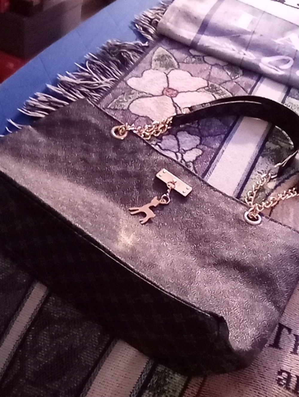 Metallic Black Tote with Gold Chain Handles